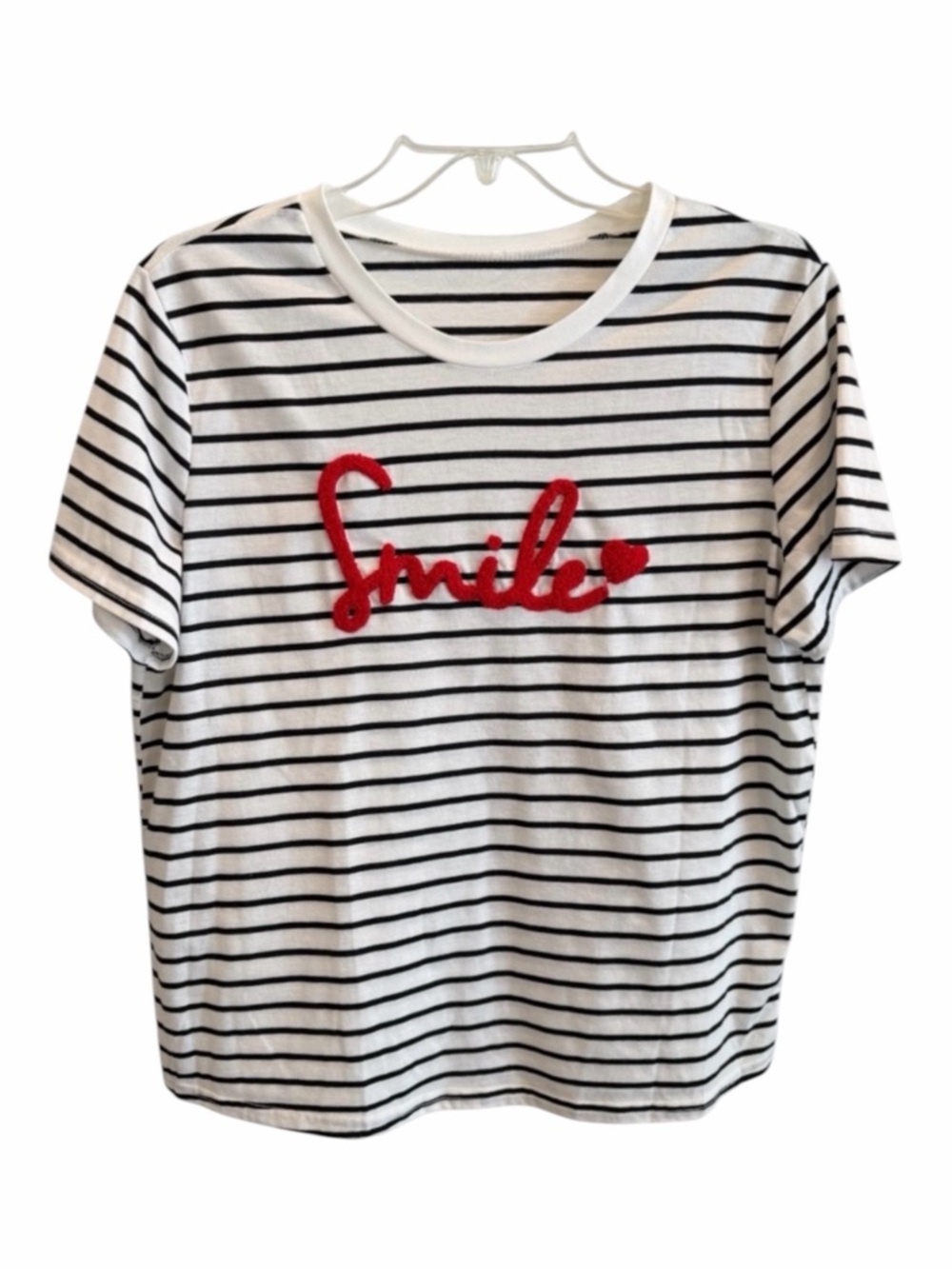 SHEIN Striped Tee with Red 'Smile' Embroidery